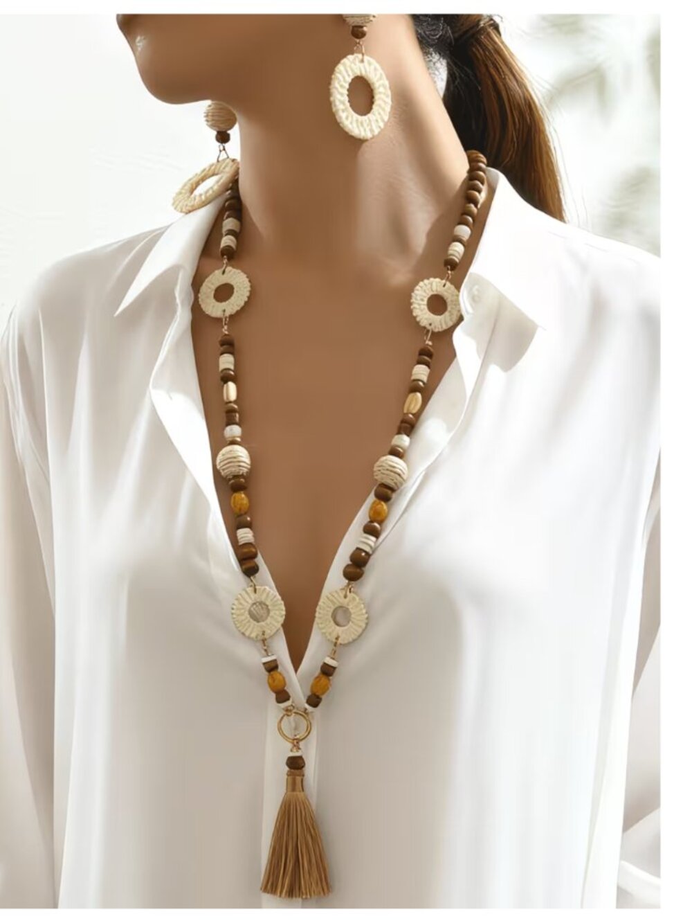 Boho Y-Shape Beaded Tassel Necklace Matching Hoop Earrings Vacation Beach Vibe
